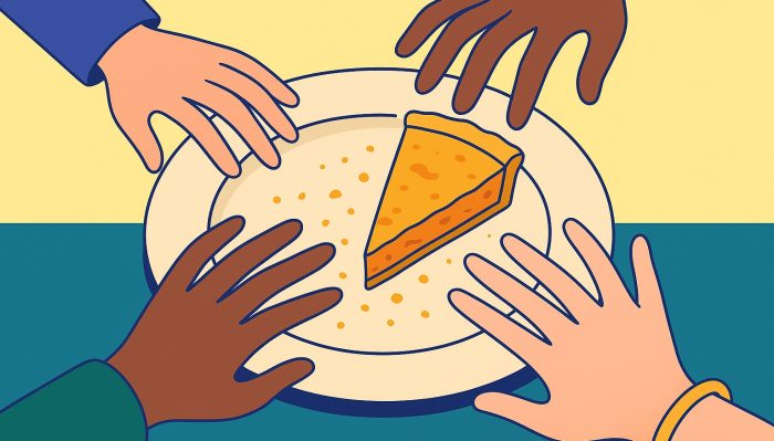 Four hands reaching for one piece of pie.